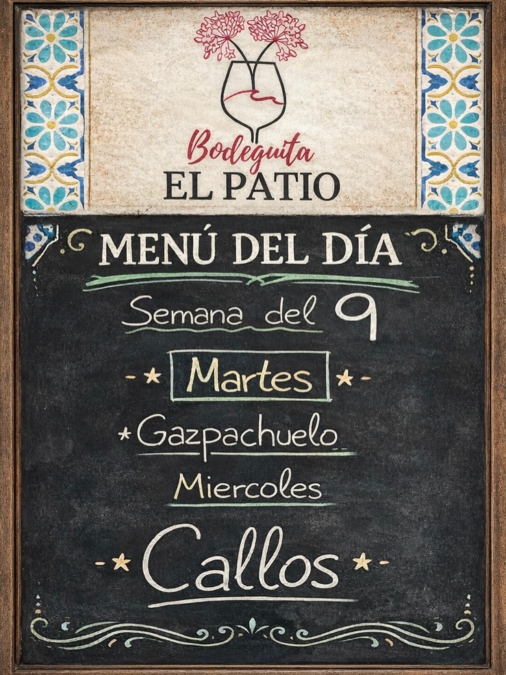 Pizarra de menú del día en Bodeguita EL PATIO