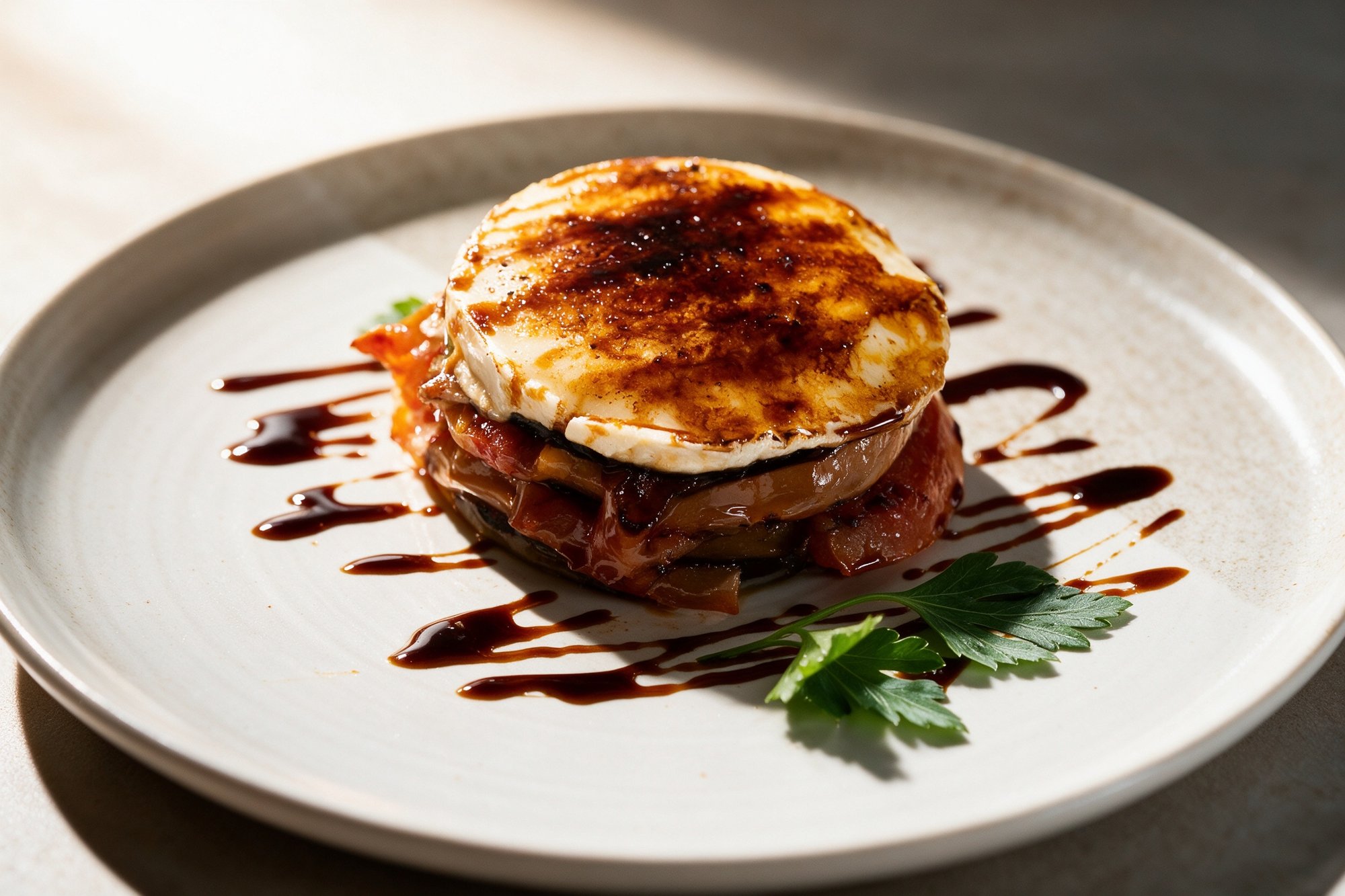 Timbal de Tomate, Berenjena y Queso de Cabra Caramelizado de Bodeguita EL PATIO